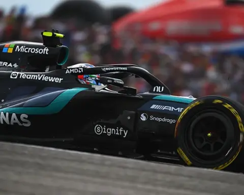 Kimi Antonelli driving his Mercedes W17 Formula 1 car during the 2026 United States Grand Prix race at the Circuit of the Americas in Austin.