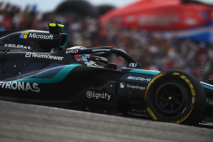 Kimi Antonelli driving his Mercedes W17 Formula 1 car during the 2026 United States Grand Prix race at the Circuit of the Americas in Austin.