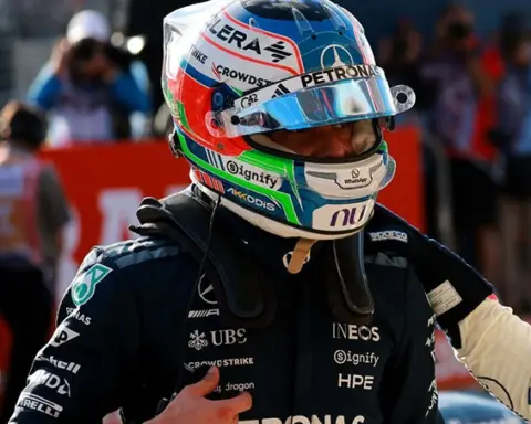 Kimi Antonelli wearing his Mercedes racing suit and helmet during Saturday's activities at the 2026 United States Grand Prix in Austin.