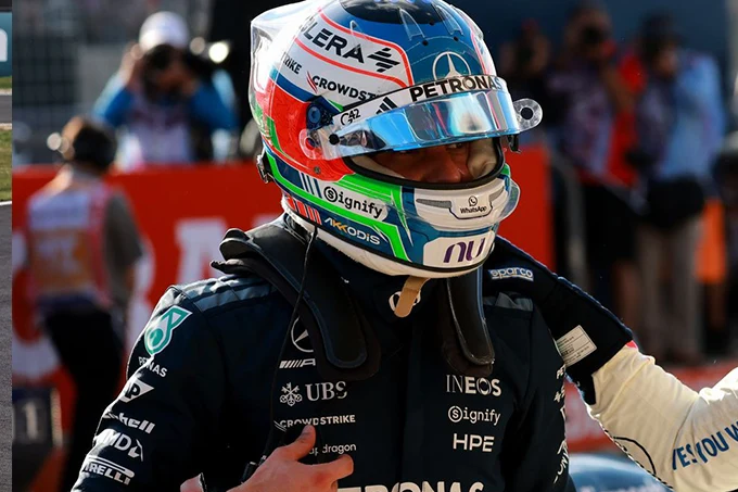 Kimi Antonelli wearing his Mercedes racing suit and helmet during Saturday's activities at the 2026 United States Grand Prix in Austin.